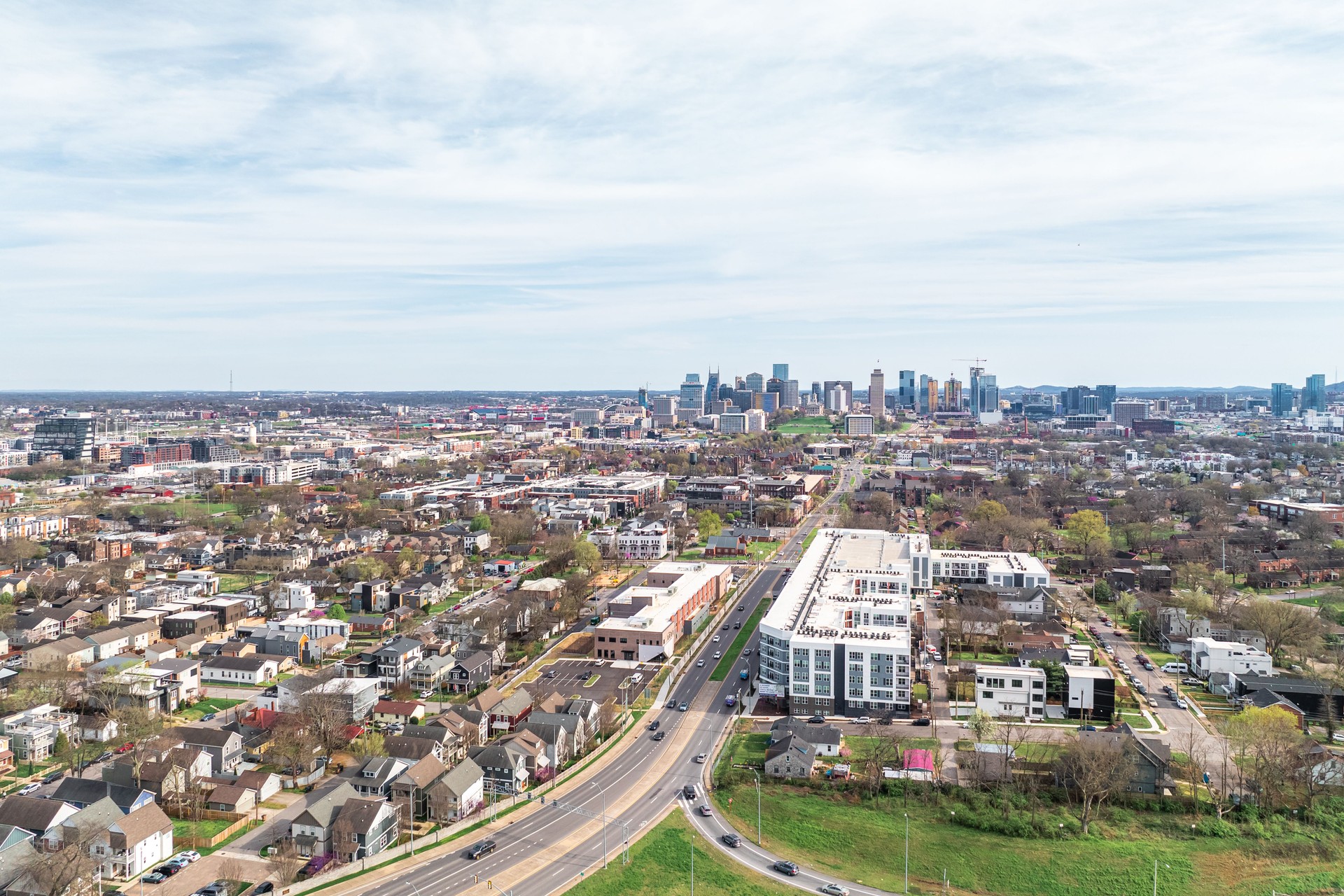 Elevated view of Rosa Parks Ave in Germantown Nashville, Tennessee in Springtime, near Nashville Farmer's Market